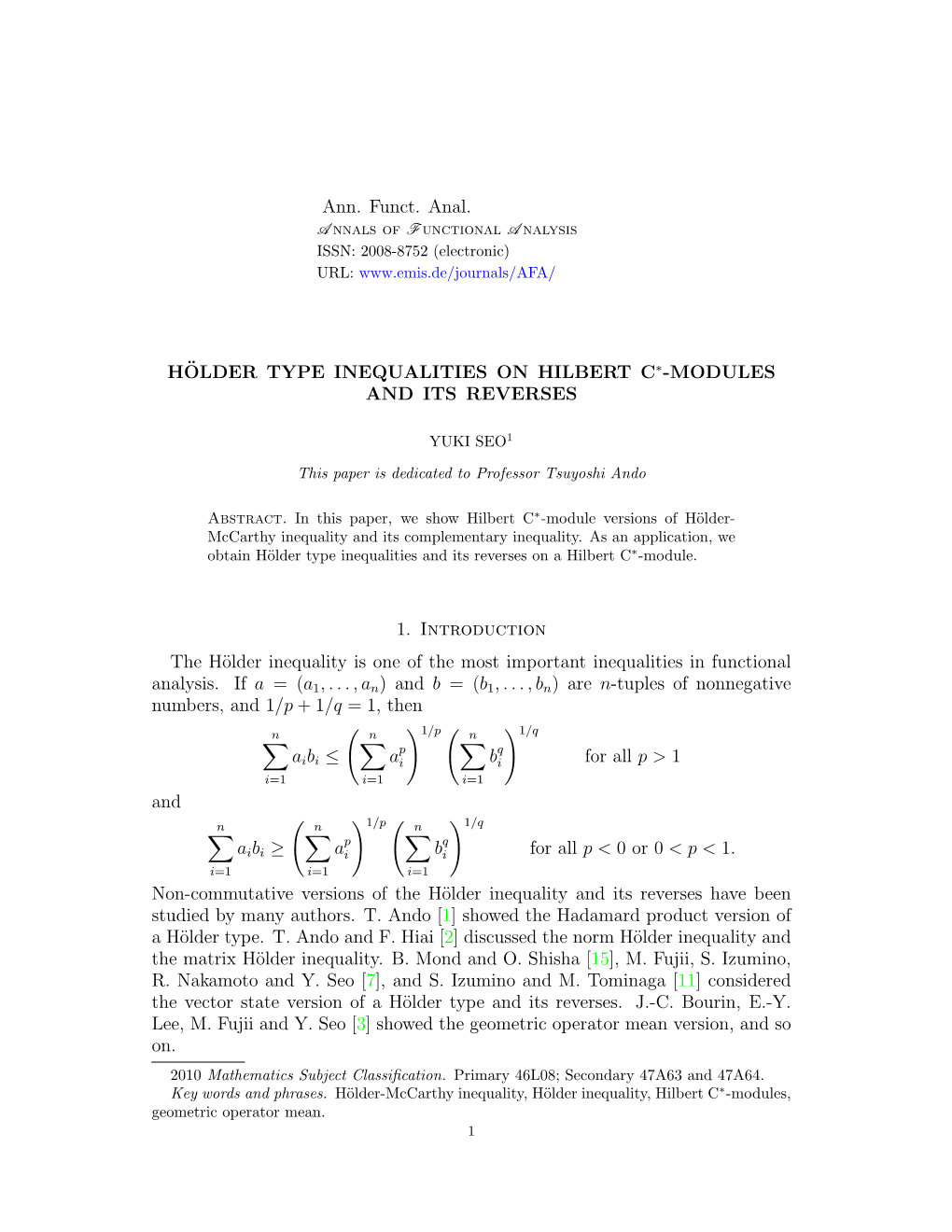 MODULES and ITS REVERSES 1. Introduction the Hölder Inequality