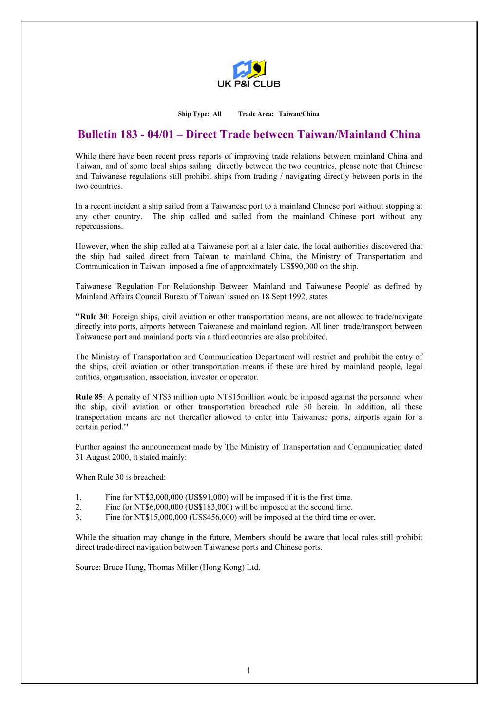 Bulletin 183 - 04/01 – Direct Trade Between Taiwan/Mainland China