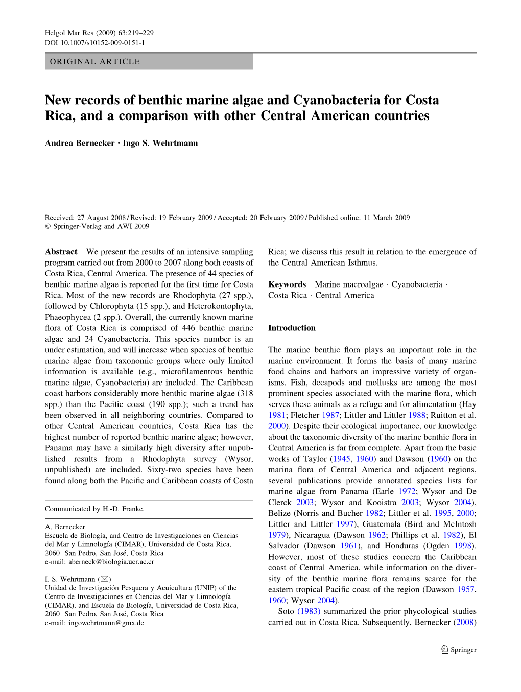 New Records of Benthic Marine Algae and Cyanobacteria for Costa Rica, and a Comparison with Other Central American Countries