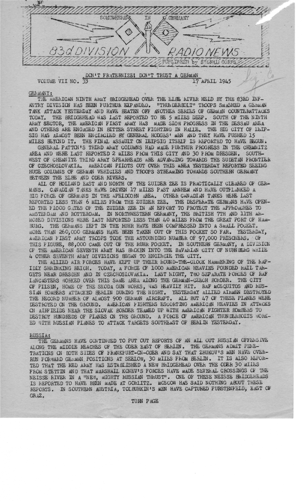 83Rd Division Radio News, Germany, Vol VII #33, April 17, 1945