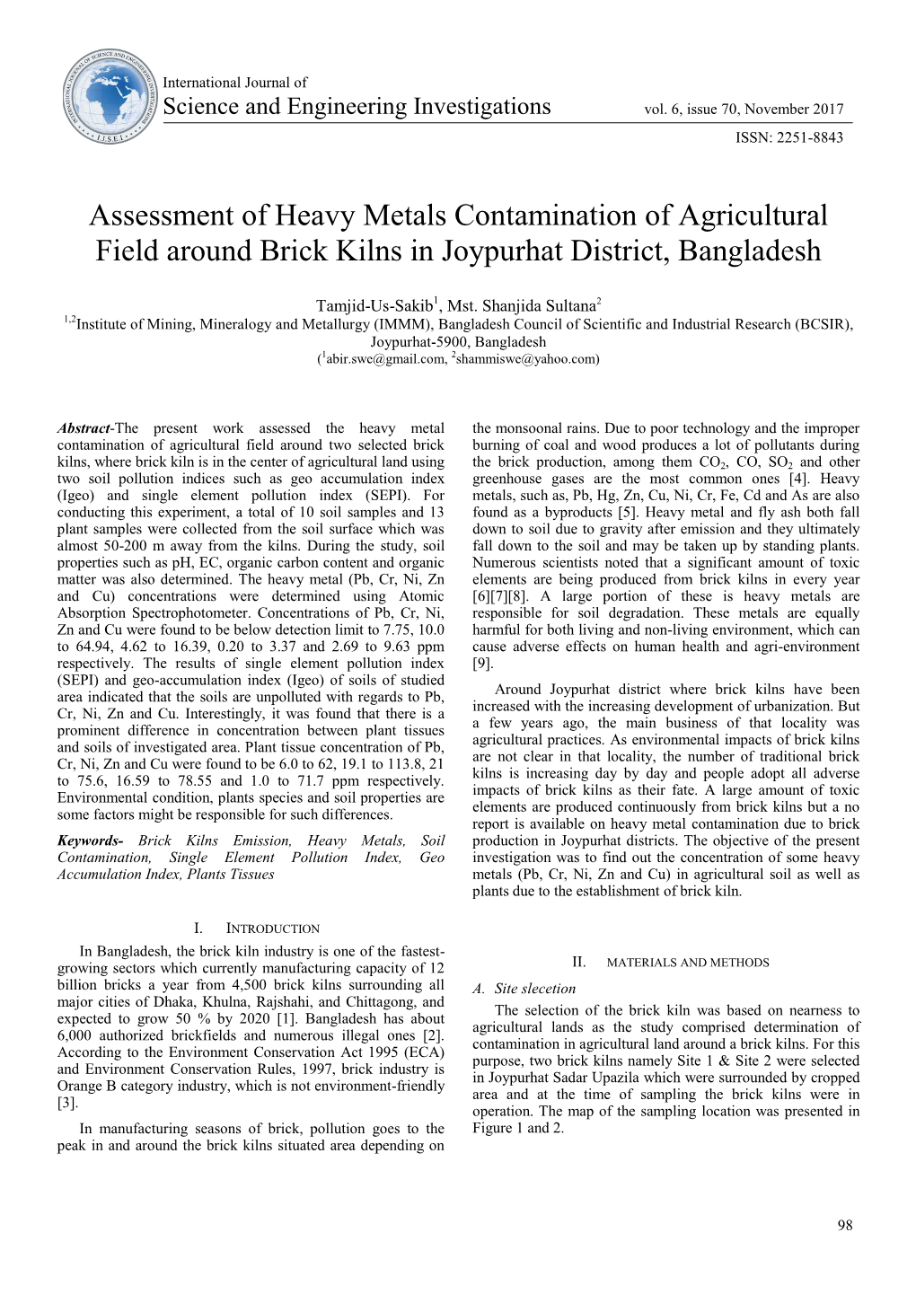 Assessment of Heavy Metals Contamination of Agricultural Field Around Brick Kilns in Joypurhat District, Bangladesh