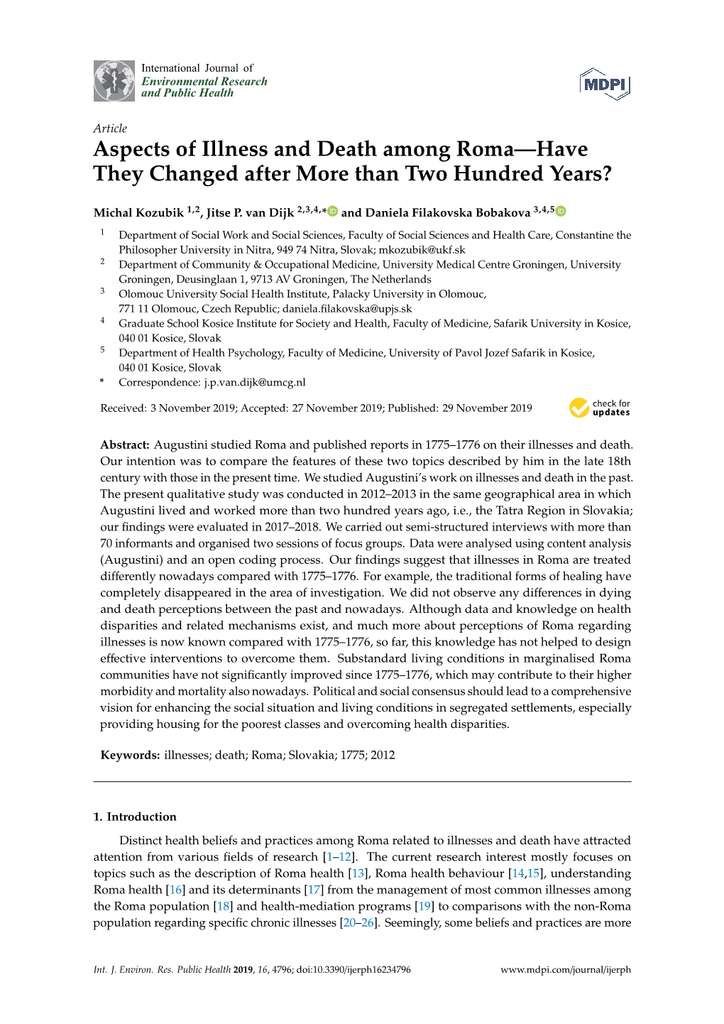 Aspects of Illness and Death Among Roma—Have They Changed After More Than Two Hundred Years?