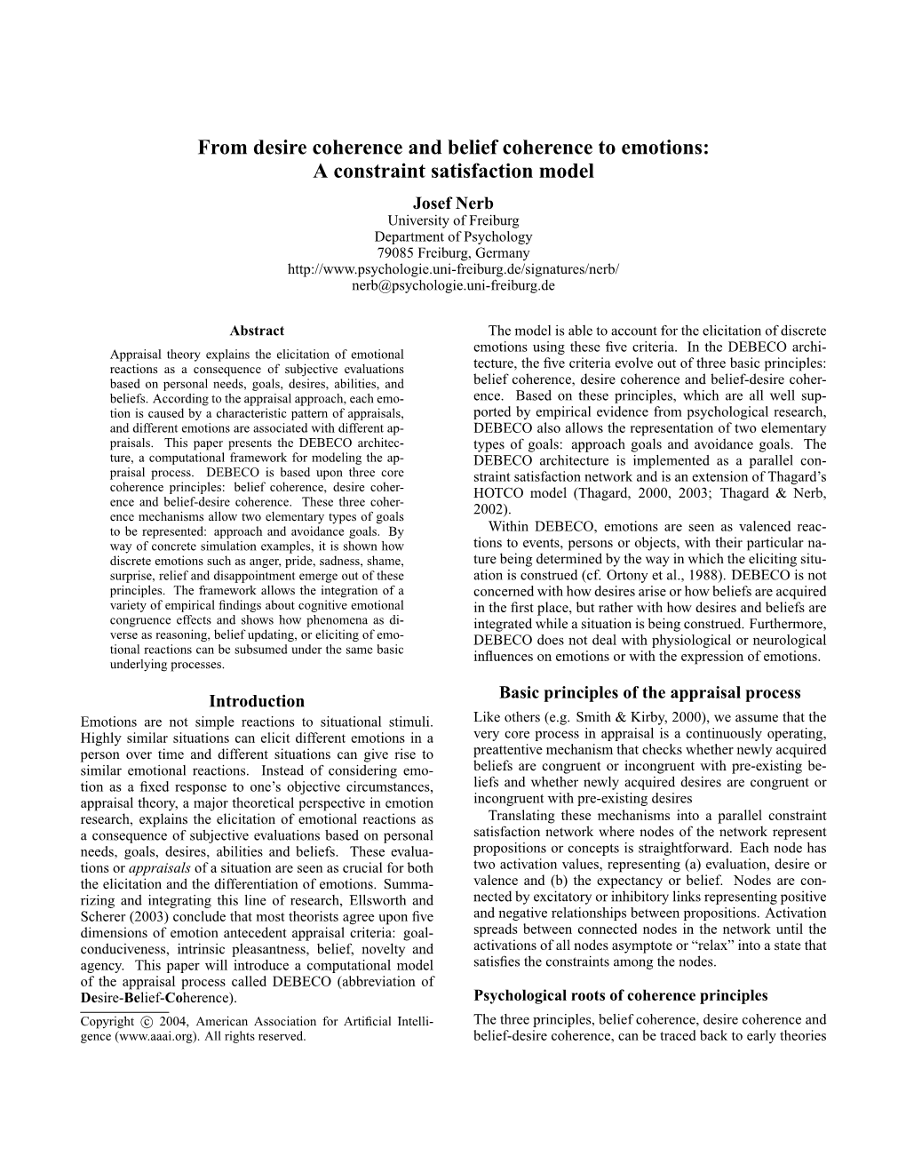 From Desire Coherence and Belief Coherence to Emotions: a Constraint Satisfaction Model