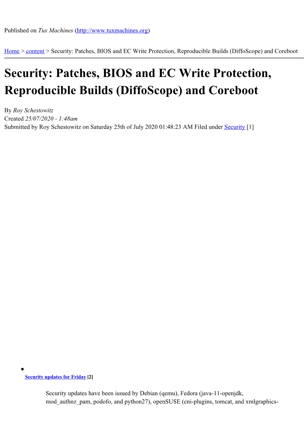 Security: Patches, BIOS and EC Write Protection, Reproducible Builds (Diffoscope) and Coreboot