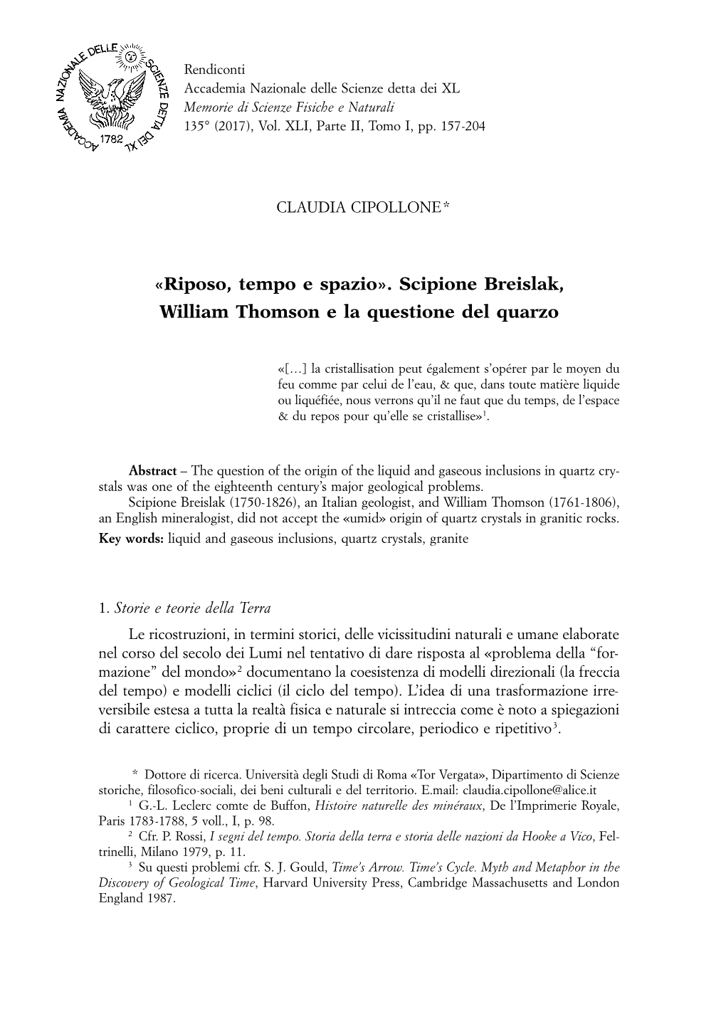 Riposo, Tempo E Spazio». Scipione Breislak, William Thomson E La Questione Del Quarzo