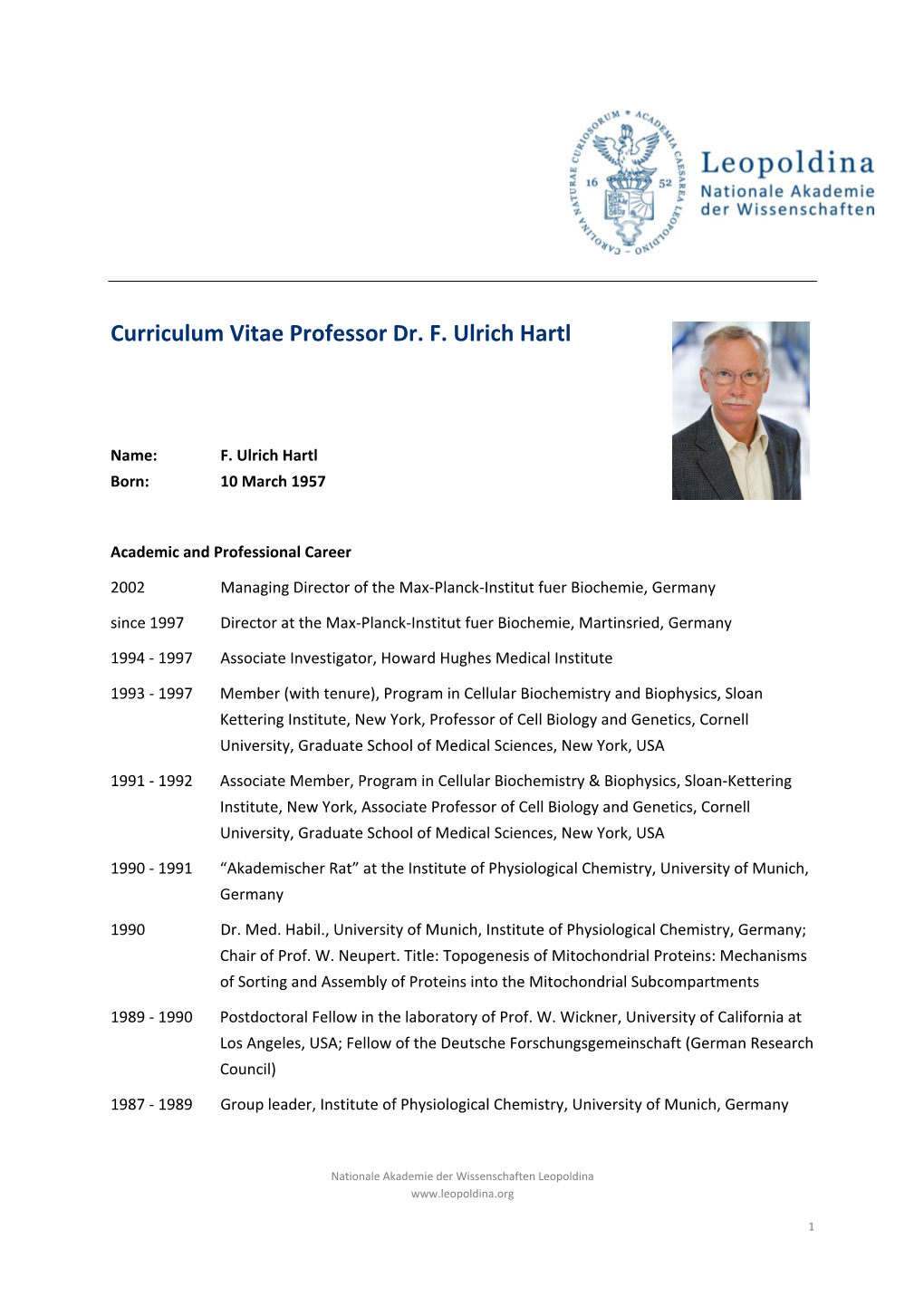 Curriculum Vitae Professor Dr. F. Ulrich Hartl