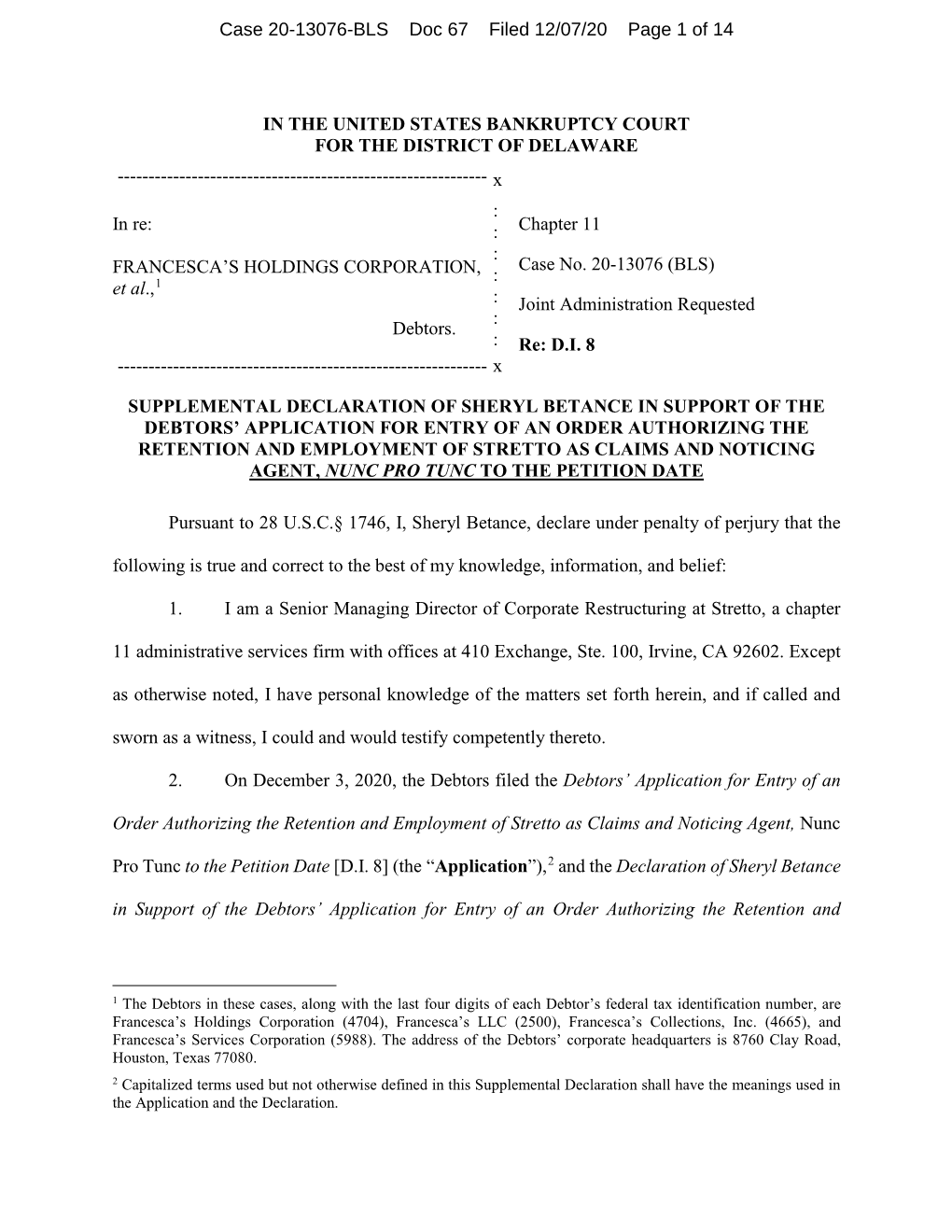 Case 20-13076-BLS Doc 67 Filed 12/07/20 Page 1 of 14