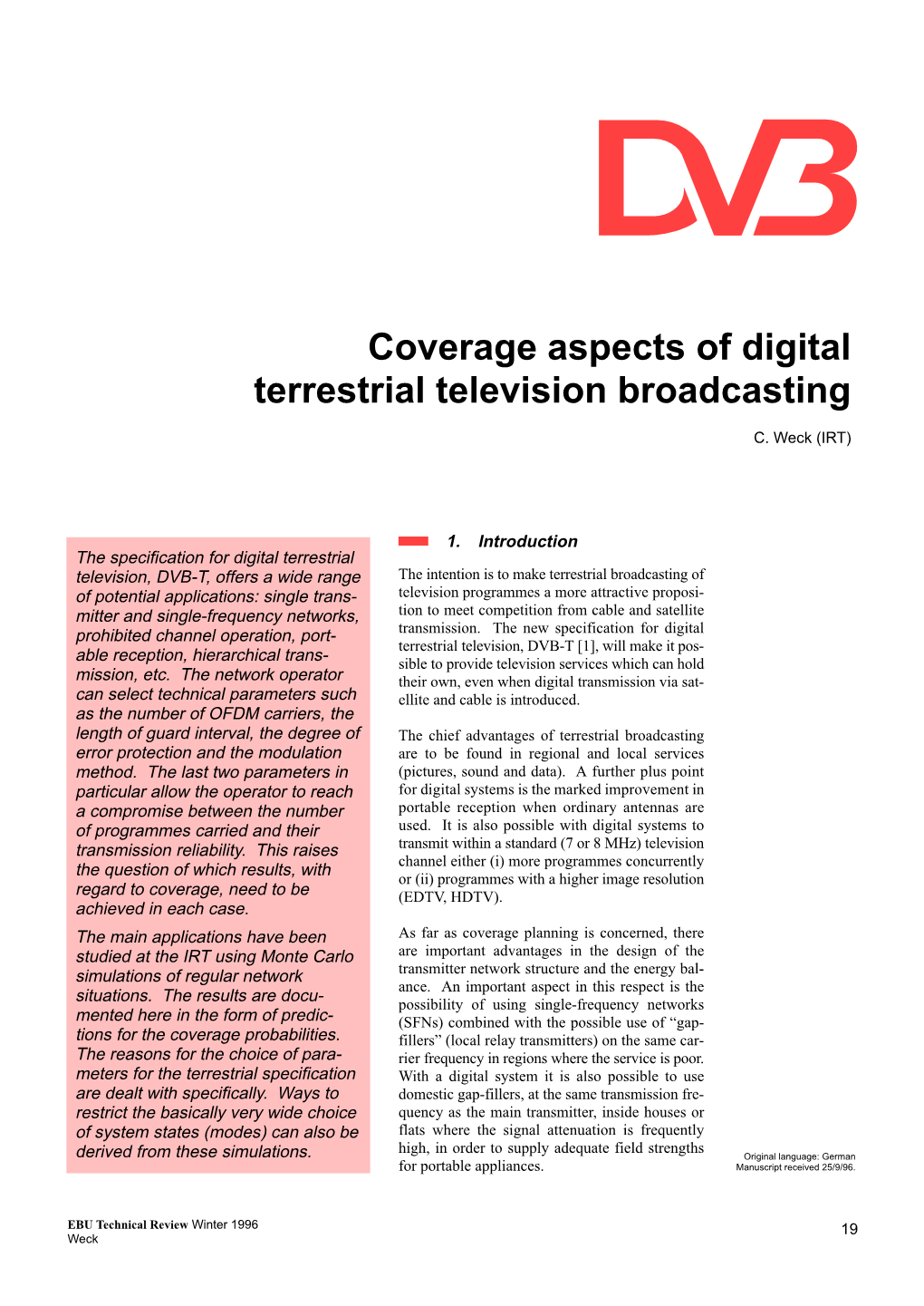 Coverage Aspects of Digital Terrestrial Television Broadcasting