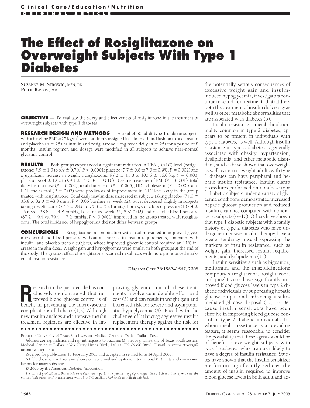 The Effect of Rosiglitazone on Overweight Subjects with Type 1 Diabetes