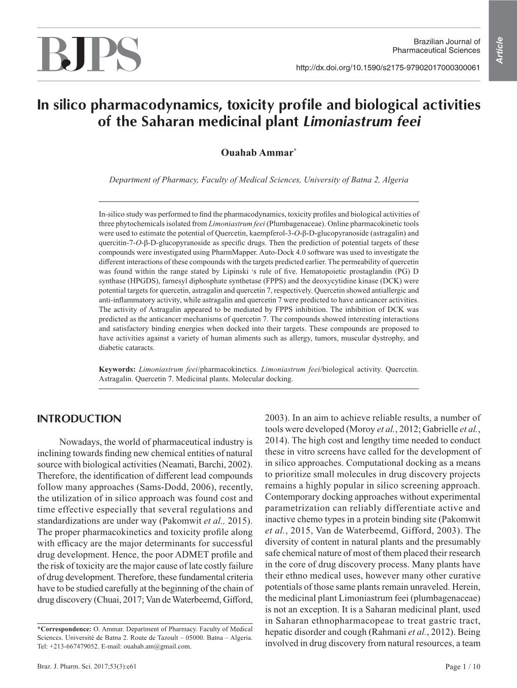 In Silico Pharmacodynamics, Toxicity Profile and Biological Activities of the Saharan Medicinal Plant Limoniastrum Feei