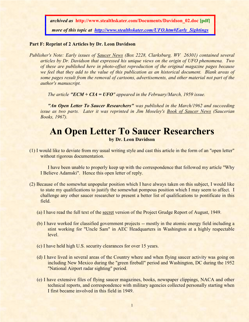 An Open Letter to Saucer Researchers" Was Published in the March/1962 and Succeeding Issue As Two Parts