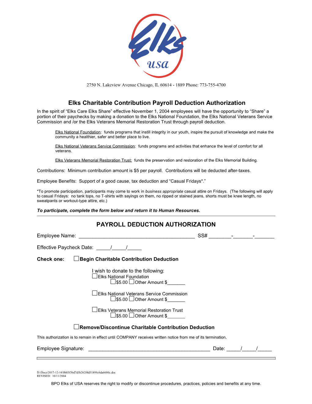 Elks Charitable Contribution Payroll Deduction Authorization