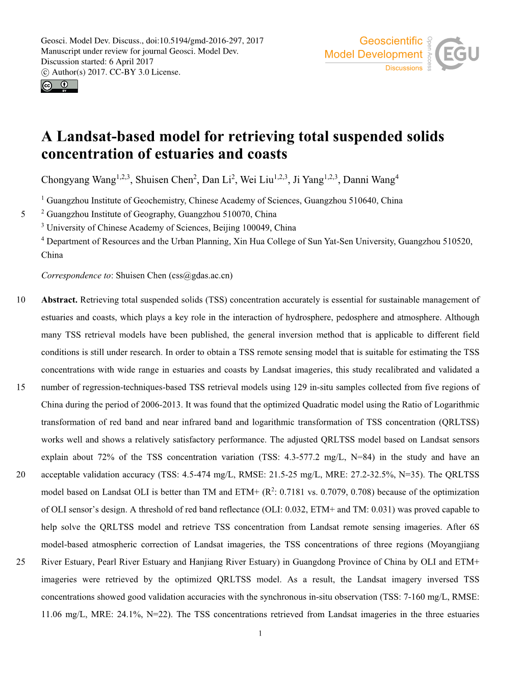 A Landsat-Based Model for Retrieving Total Suspended Solids Concentration of Estuaries and Coasts