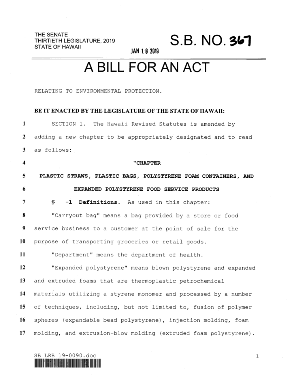 S.B. No.3W Jan I8 2019 a Bill for an Act