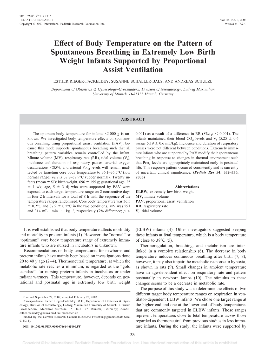 Effect of Body Temperature on the Pattern of Spontaneous Breathing in Extremely Low Birth Weight Infants Supported by Proportional Assist Ventilation