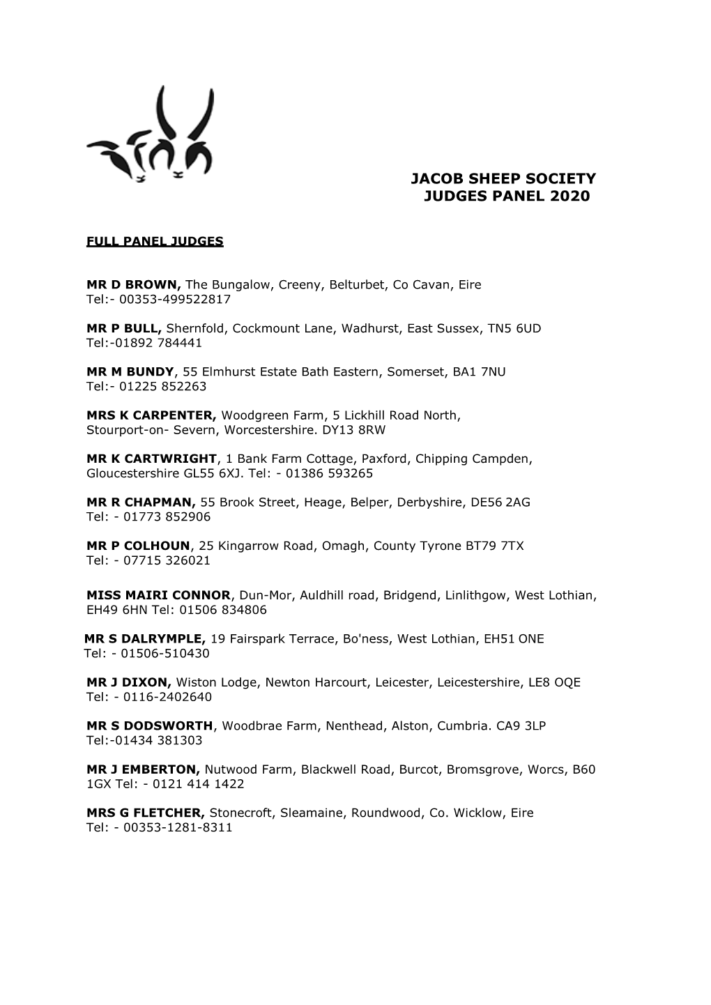 Jacob Sheep Society Judges Panel 2020