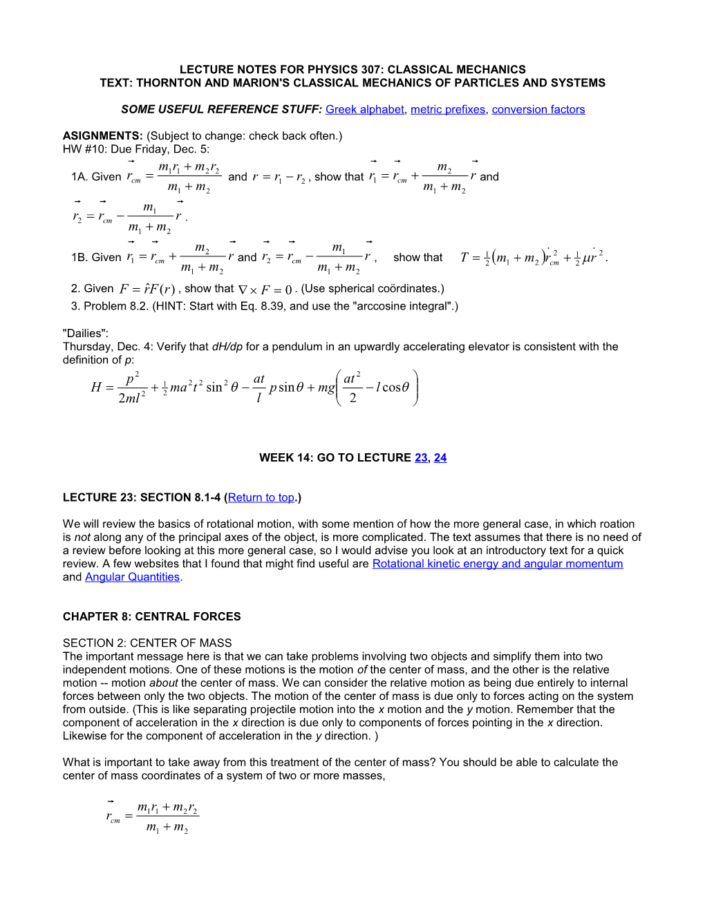 PHYS 307 LECTURE NOTES, Daniel W. Koon, St. Lawrence Univ