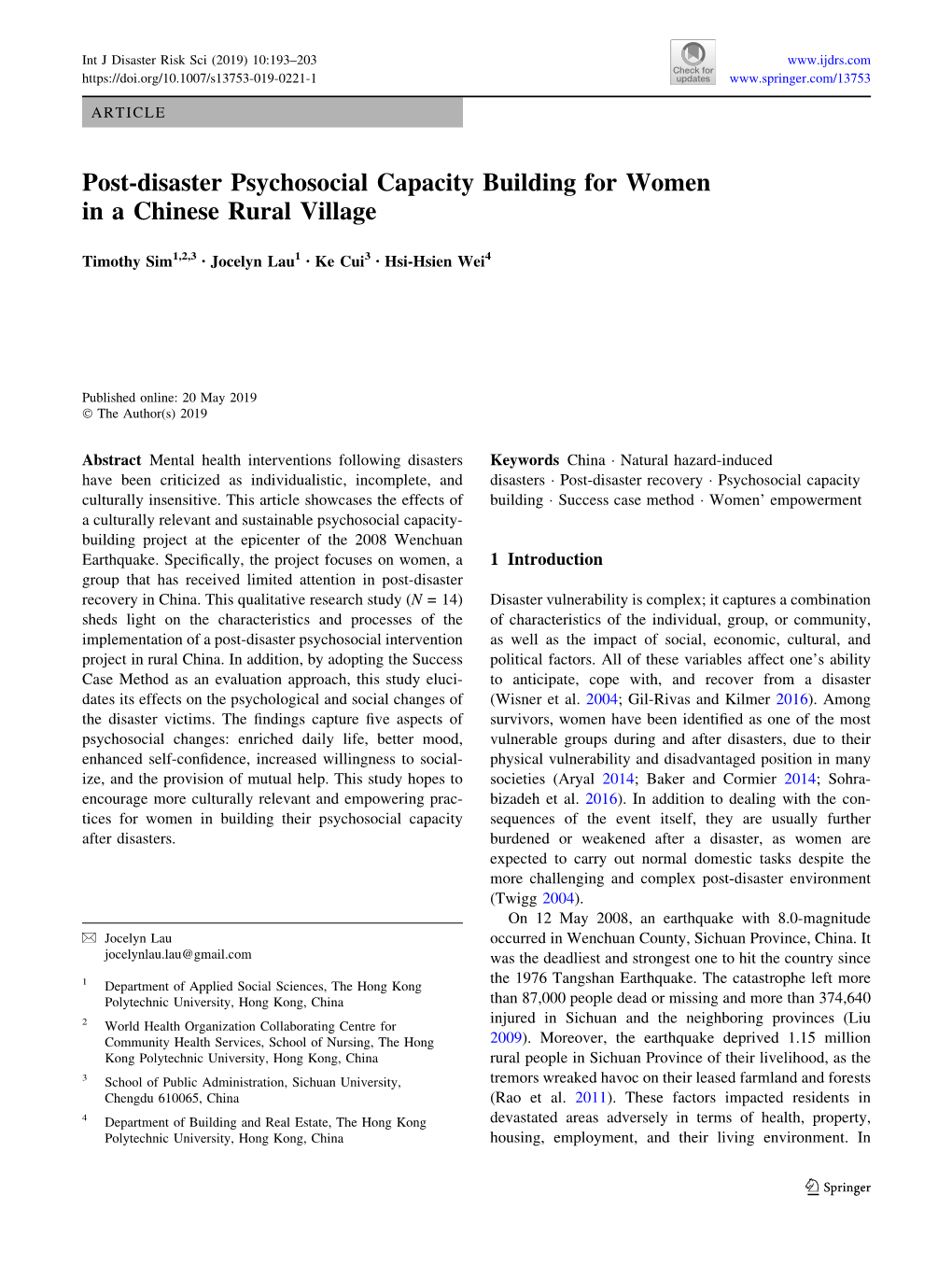 Post-Disaster Psychosocial Capacity Building for Women in a Chinese Rural Village