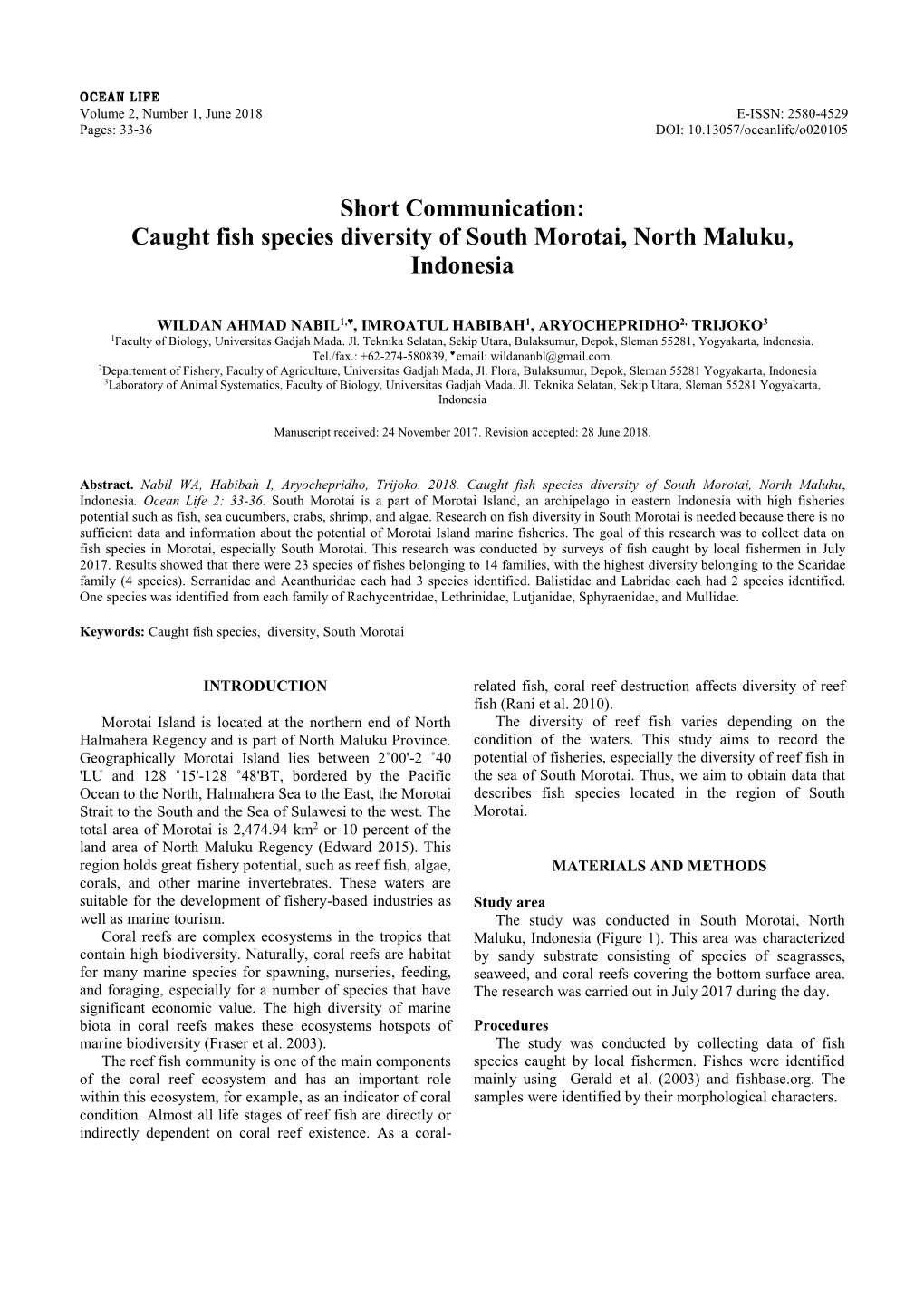 Caught Fish Species Diversity of South Morotai, North Maluku, Indonesia