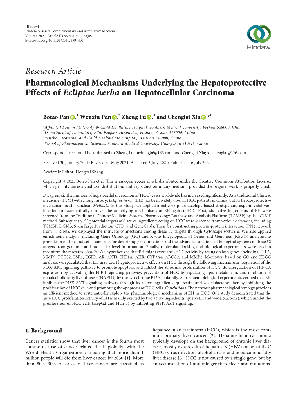 Pharmacological Mechanisms Underlying the Hepatoprotective Effects of Ecliptae Herba on Hepatocellular Carcinoma