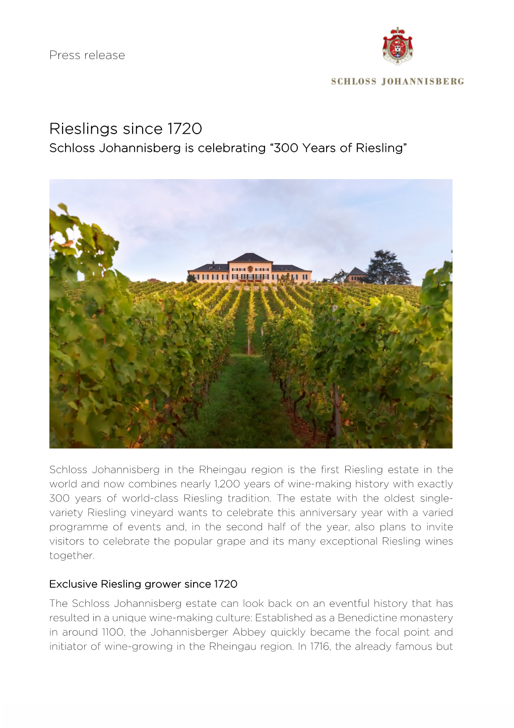 Rieslings Since 1720 Schloss Johannisberg Is Celebrating “300 Years of Riesling”