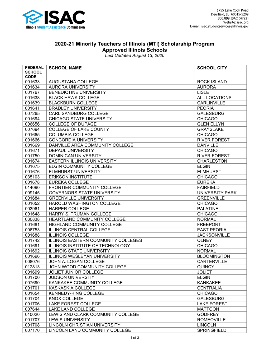 (MTI) Scholarship Program Approved Illinois Schools Last Updated August 13, 2020