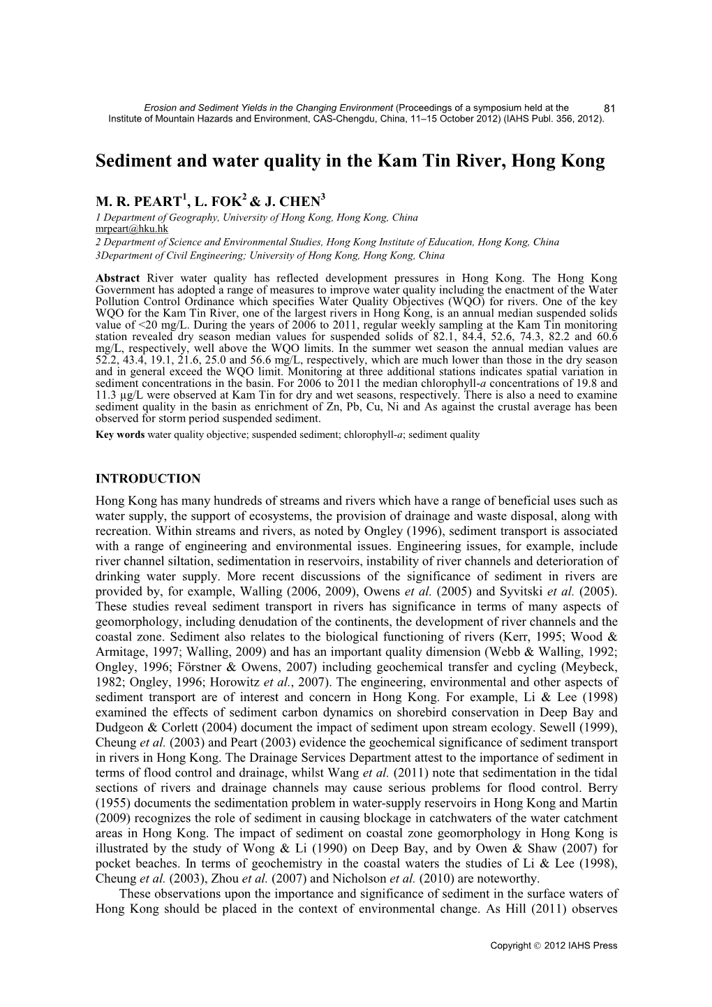 Sediment and Water Quality in the Kam Tin River, Hong Kong