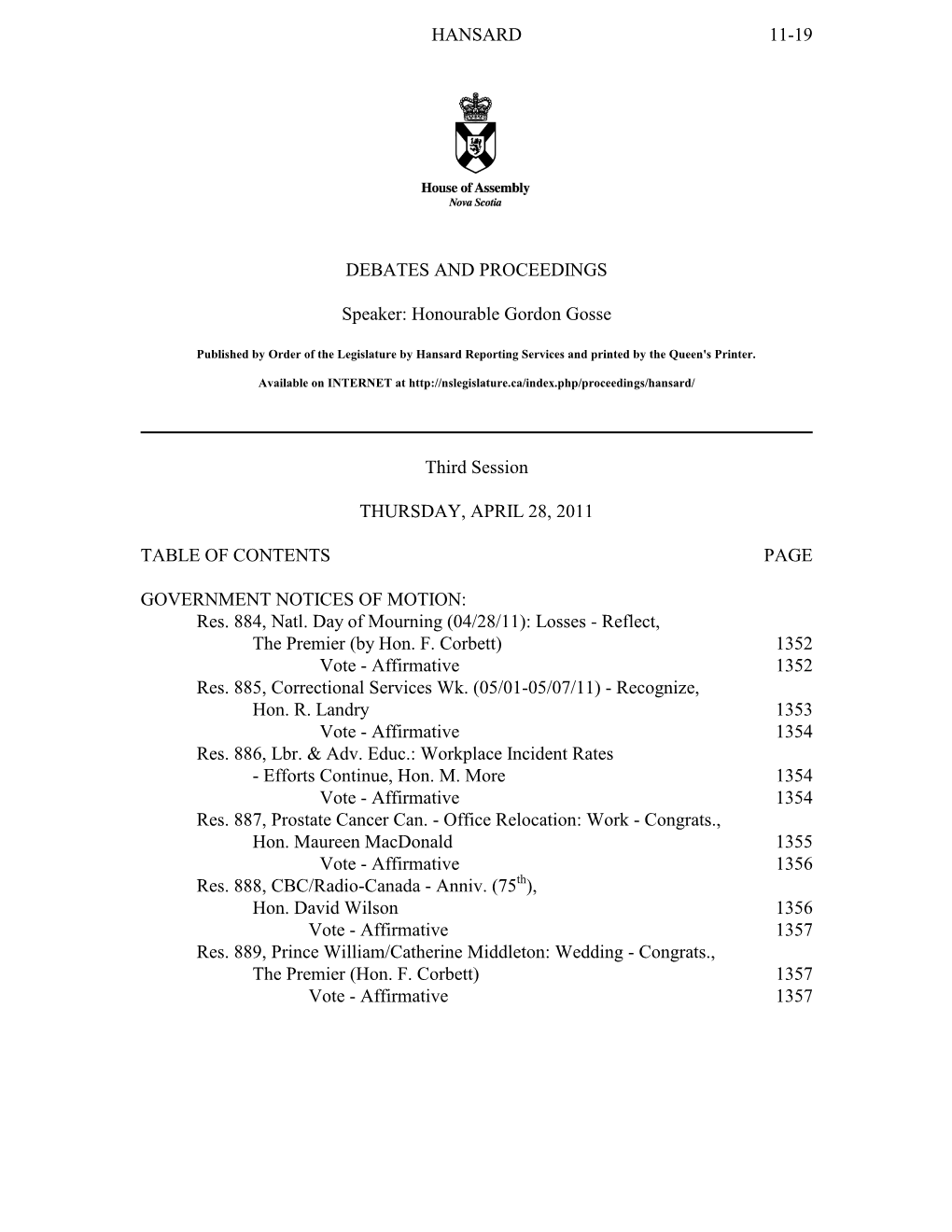 HANSARD 11-19 DEBATES and PROCEEDINGS Speaker