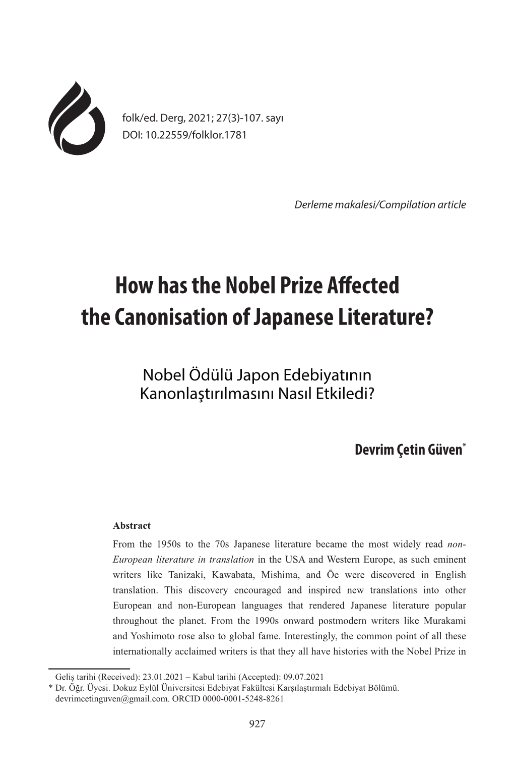 How Has the Nobel Prize Affected the Canonisation of Japanese Literature?