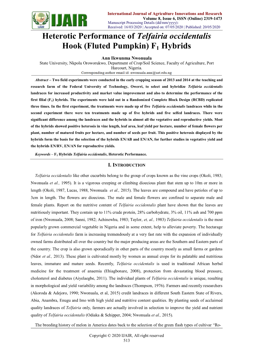 Heterotic Performance of Telfairia Occidentalis Hook (Fluted Pumpkin) F1 Hybrids