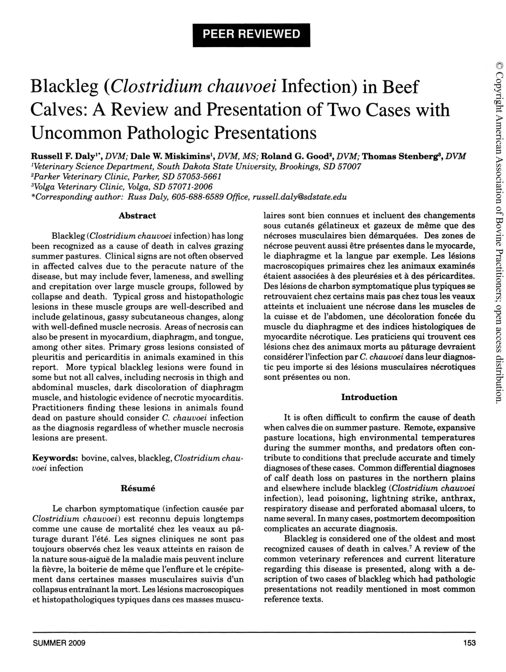 Blackleg ( Clostridium Chauvoei Infection) in Beef Calves: a Review and Presentation of Two Cases with Uncommon Pathologic Presentations