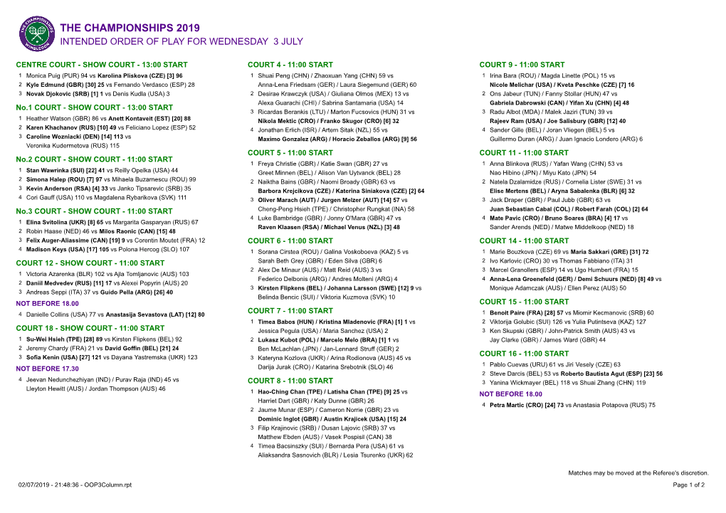 Intended Order of Play for Wednesday 3 July