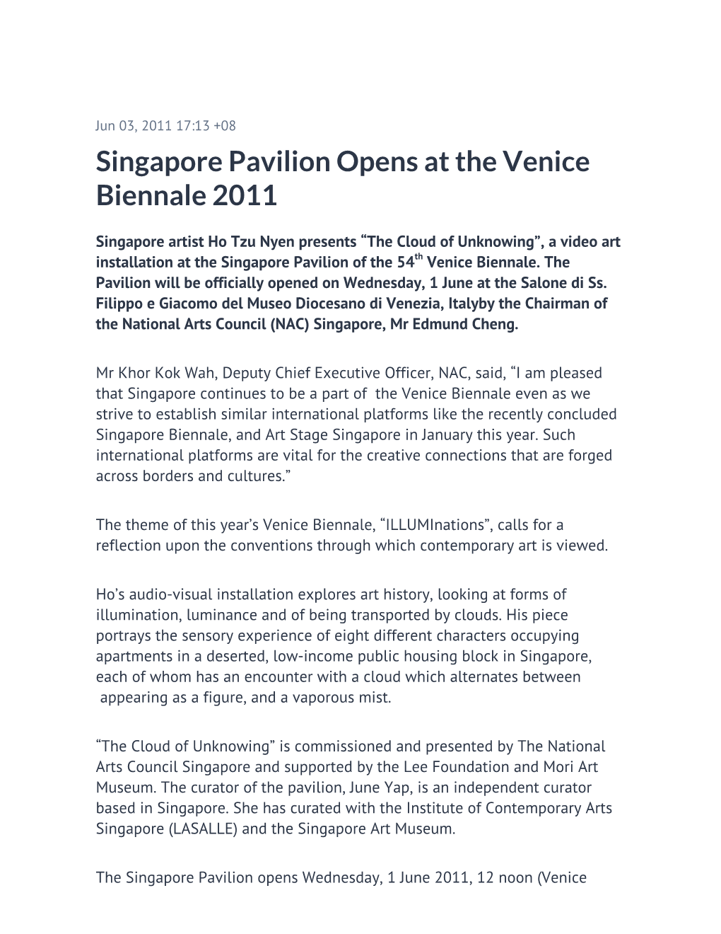 Singapore Pavilion Opens at the Venice Biennale 2011