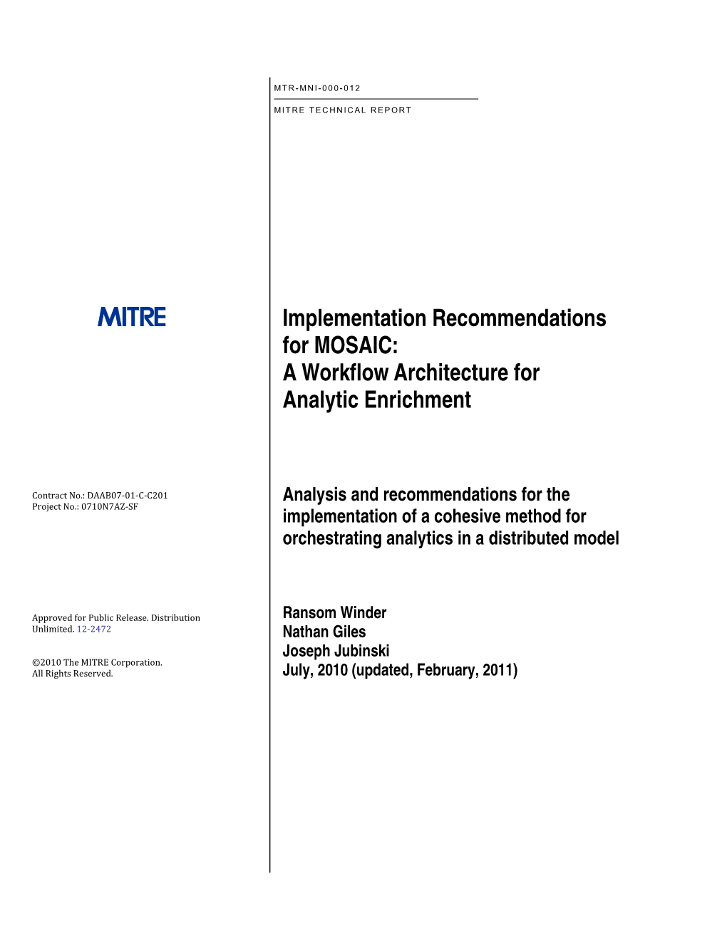 Implementation Recommendations for MOSAIC: a Workflow Architecture for Analytic Enrichment