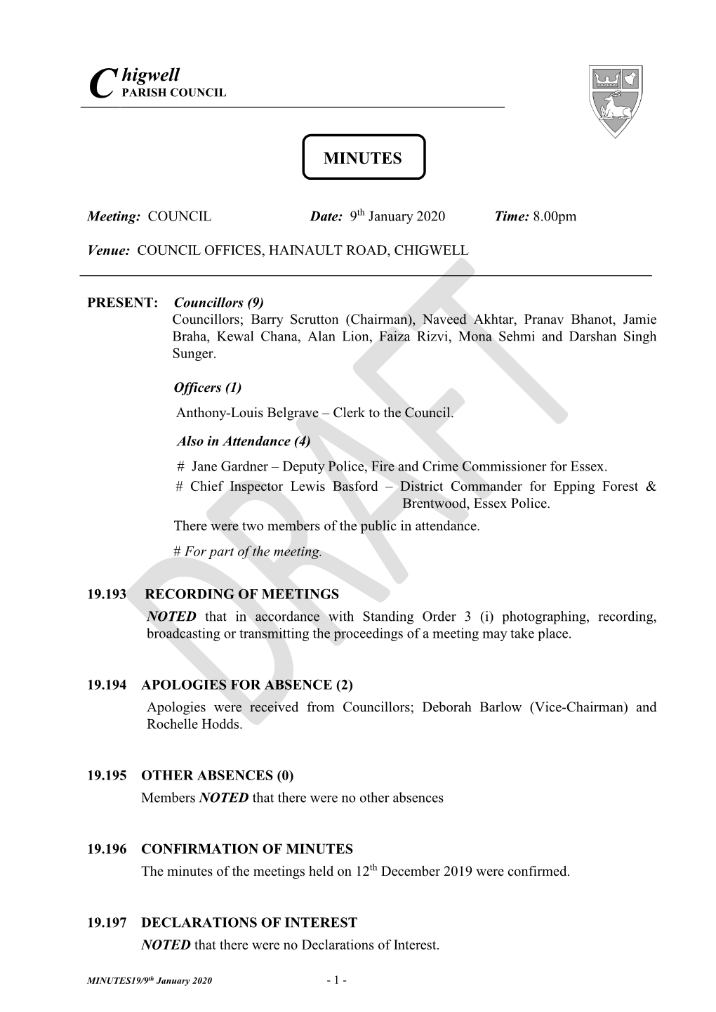 Minutes of a Special Meeting of the Chigwell Parish