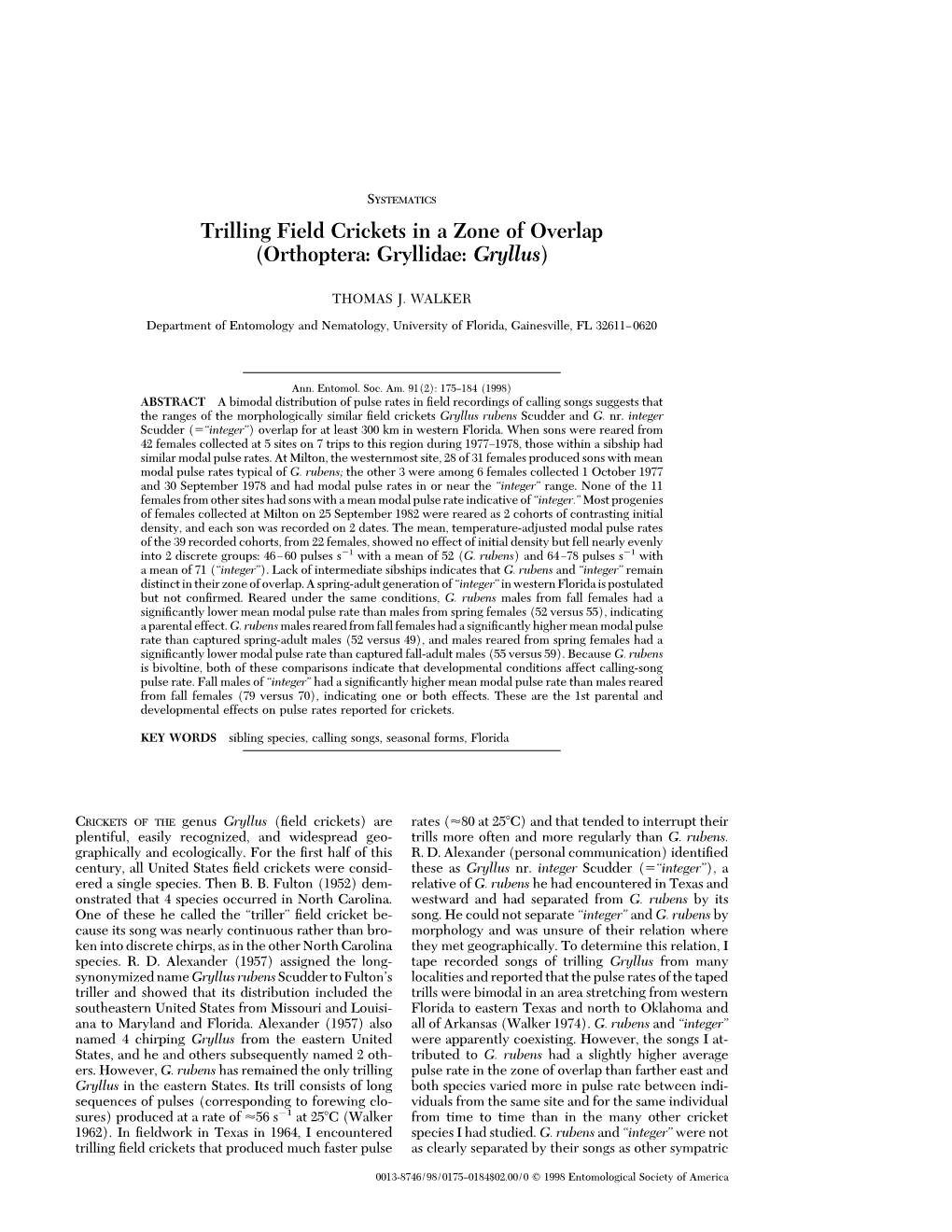 Trilling Field Crickets in a Zone of Overlap (Orthoptera: Gryllidae: Gryllus)