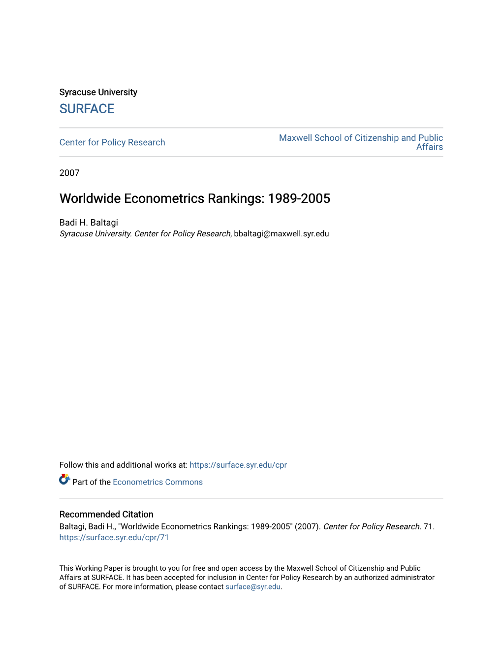 Worldwide Econometrics Rankings: 1989-2005