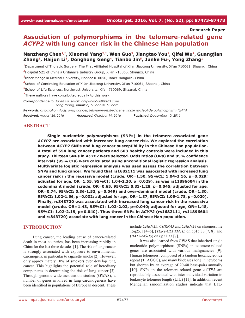 Association of Polymorphisms in the Telomere-Related Gene ACYP2 with Lung Cancer Risk in the Chinese Han Population