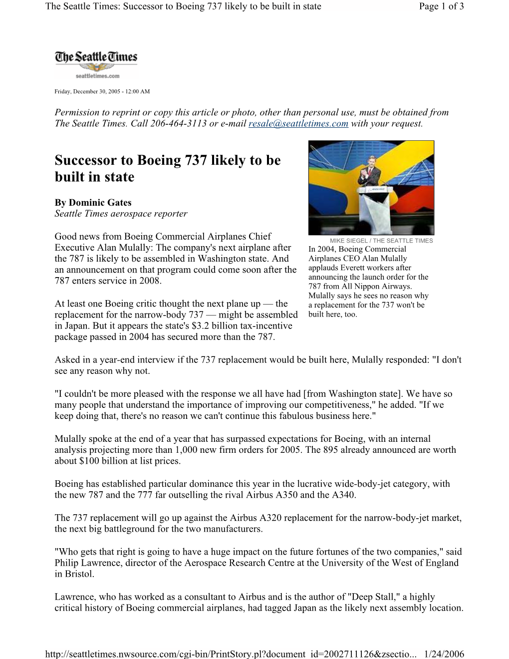 Successor to Boeing 737 Likely to Be Built in State Page 1 of 3