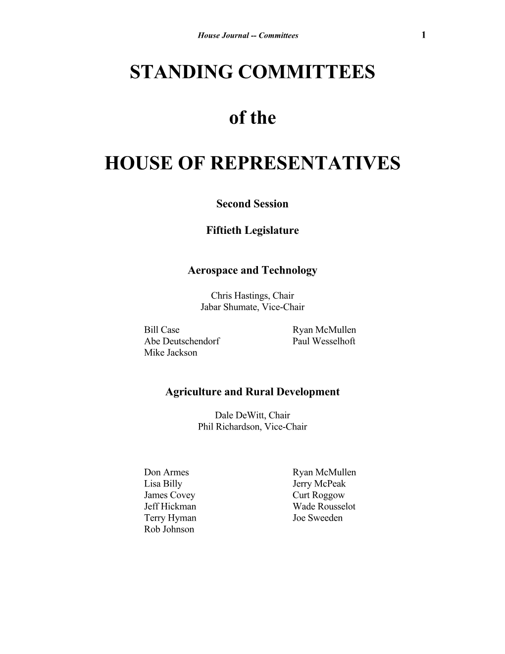 STANDING COMMITTEES of the HOUSE of REPRESENTATIVES