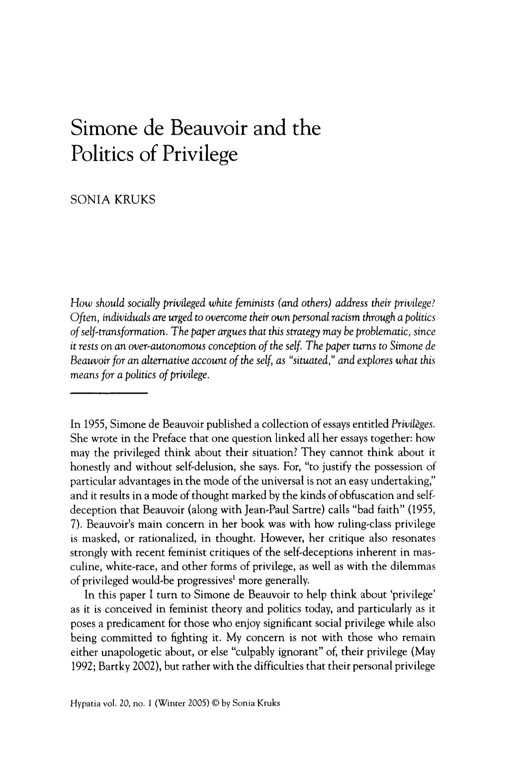 Simone De Beauvoir and the Politics of Privilege