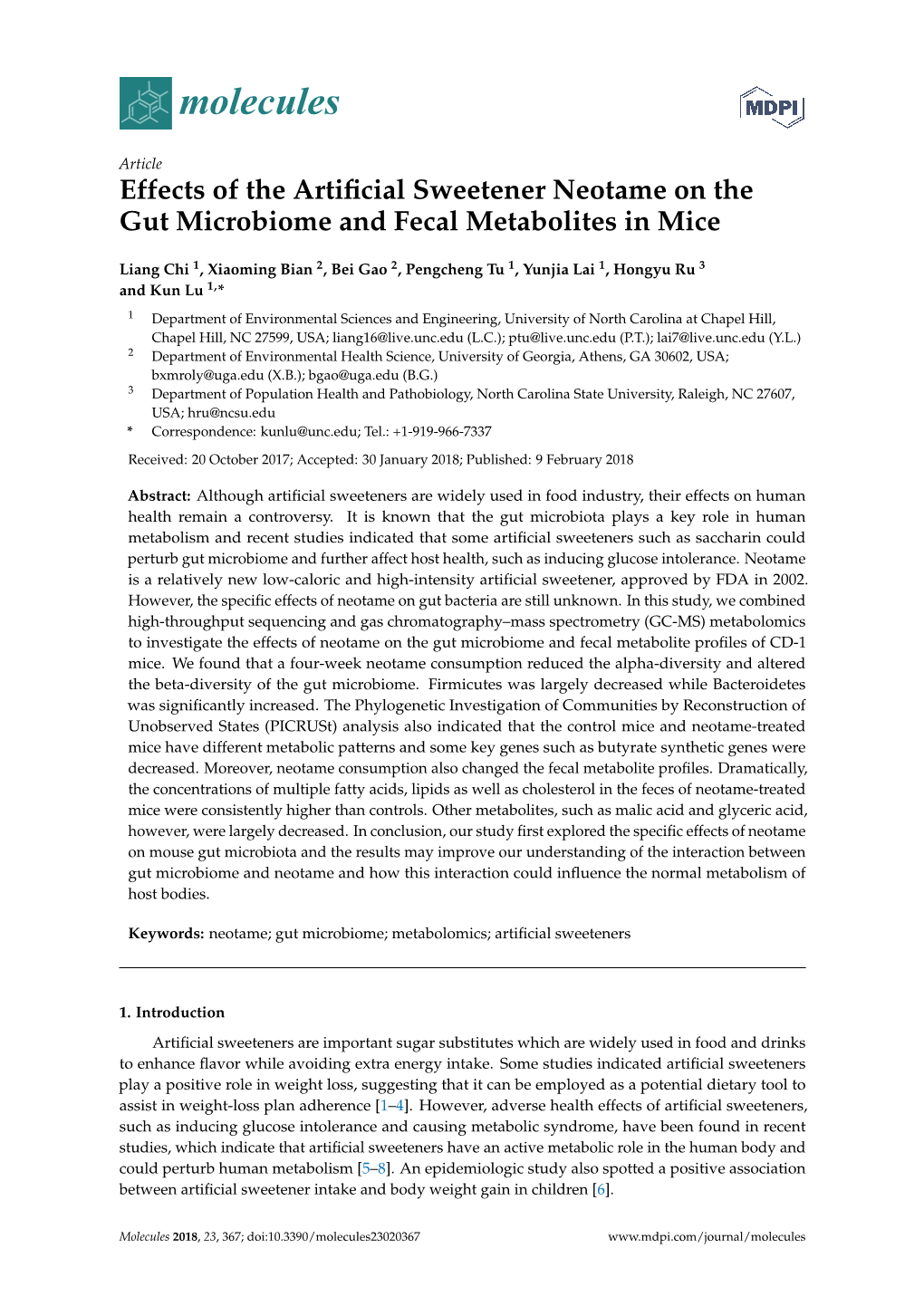 Effects of the Artificial Sweetener Neotame on the Gut Microbiome