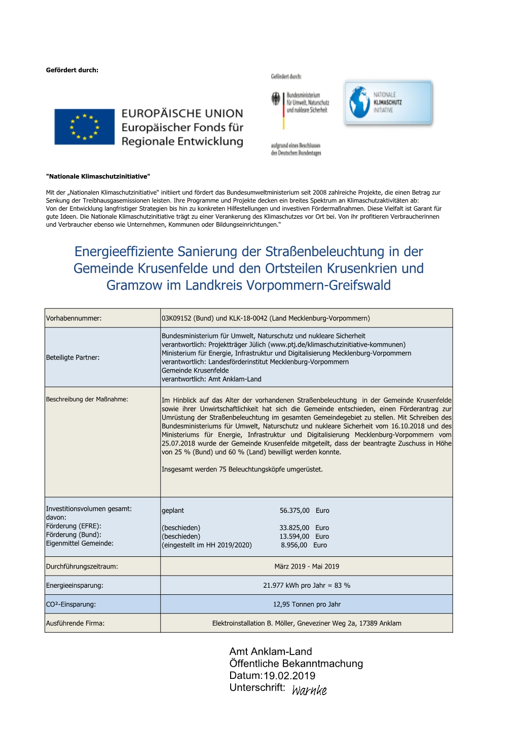 Energieeffiziente Sanierung Der Straßenbeleuchtung in Der Gemeinde Krusenfelde Und Den Ortsteilen Krusenkrien Und Gramzow Im Landkreis Vorpommern-Greifswald