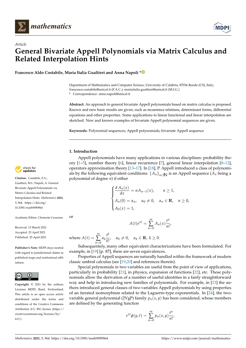 General Bivariate Appell Polynomials Via Matrix Calculus and Related Interpolation Hints