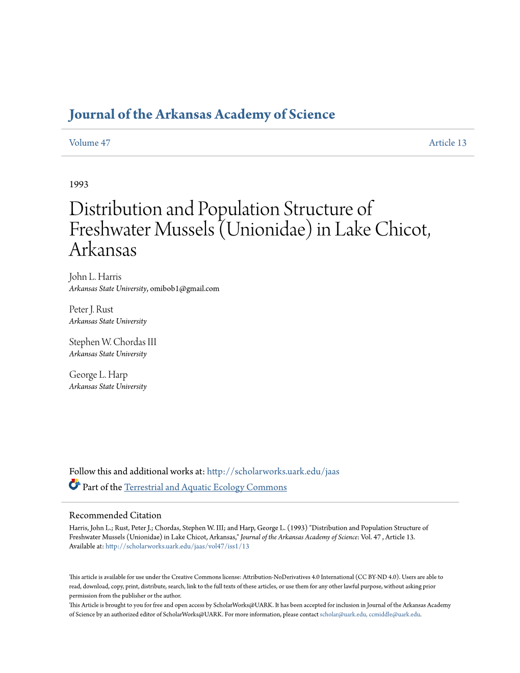 Distribution and Population Structure of Freshwater Mussels (Unionidae) in Lake Chicot, Arkansas John L