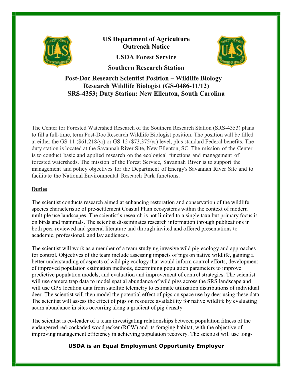 US Department of Agriculture Outreach Notice USDA Forest