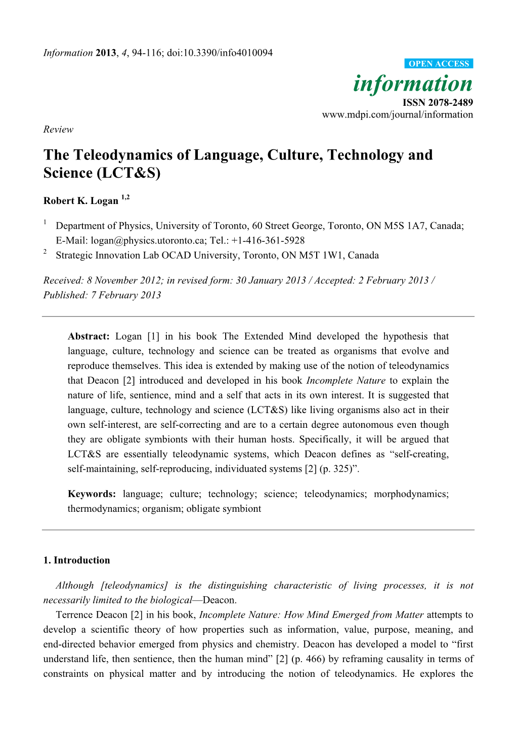 The Teleodynamics of Language, Culture, Technology and Science (LCT&S)