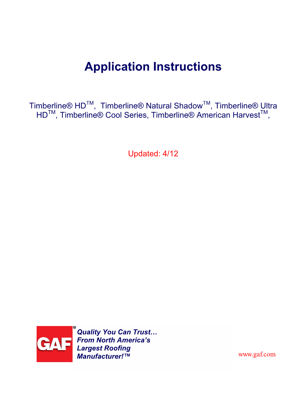 GAF Timberline Series Application Instructions