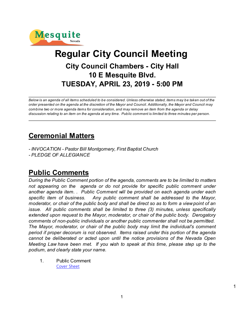 Regular City Council Meeting City Council Chambers - City Hall 10 E Mesquite Blvd