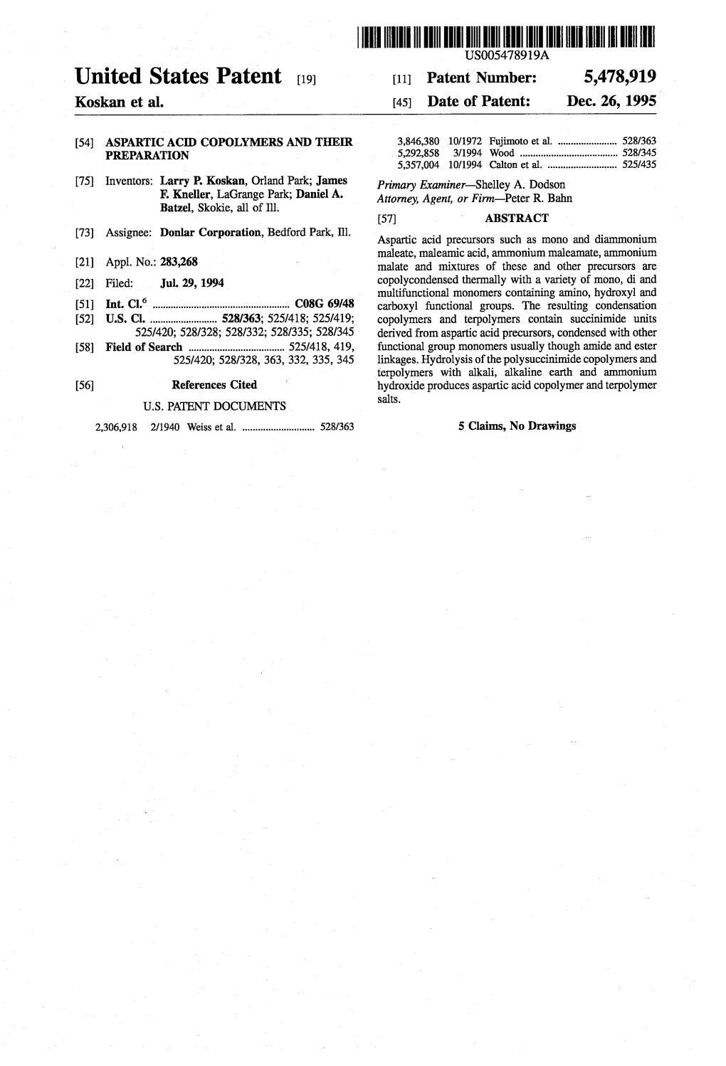 Llllllllllllli|||Ll|||Ll|L|L||||L|L|||Lll|||||Lllllllllilllllllllllllllllll US005478919A United States Patent [19] [11] Patent Number: 5,478,919 Koskan Et Al